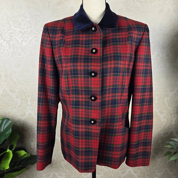 Pendleton Sz 8 Red/Green/Blue Plaid 100% Wool Blazer Button Front Pockets Collar - Picture 1 of 12